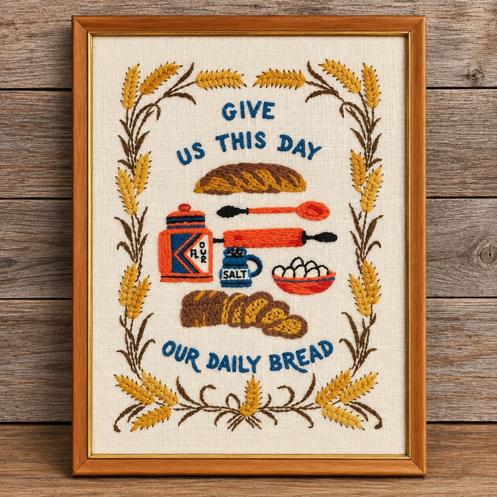 VTG Cottagecore Crewel Needlepoint Art Give Us This Day Our Daily Bread Framed